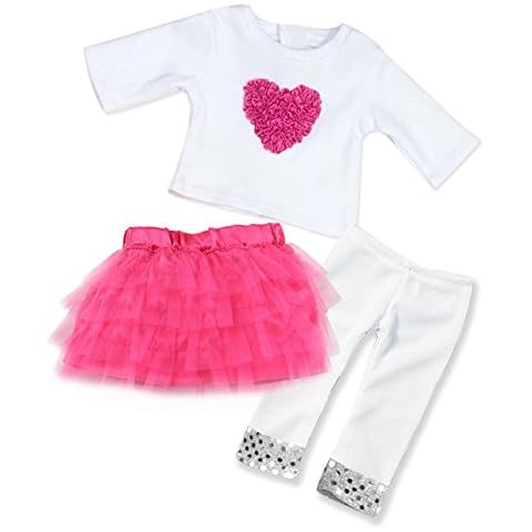 Sophia's Long-Sleeved Heart Tee, Tutu Tulle Skirt, & Sequin-Trimmed Leggings Complete Outfit Set for 18” Dolls, Hot Pink/White Cover
