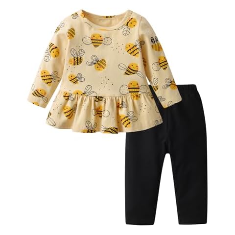 Eghunooy Baby Girls Clothes Set 2 Piece Long Sleeve Bee Printed Tops + Pants Infant Outfits (18-24 Months) Yellow and Black Cover