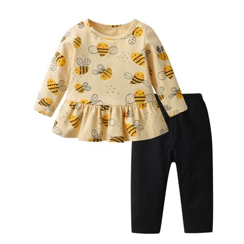 Eghunooy Baby Girls Clothes Set 2 Piece Long Sleeve Bee Printed Tops + Pants Infant Outfits (12-18 Months) Yellow and Black