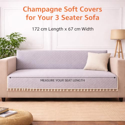 Image of DecorTwist Premium Reversible Quilted Velvet Sofa Cover for 2 & 3 Seater | Luxury Sofa Protector with Tassels | Soft, Durable & Pet Friendly | Grey /Beige & Beige (Grey /Beige (Reversible), 3 Seater)