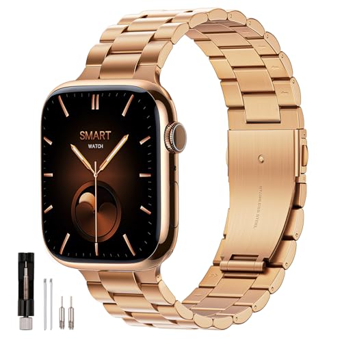 QAZNZ Metal compatível com Apple Watch pulseira de 44 mm, correia de substituição para Apple Watch Ultra/Ultra 2/10/9/8/7/6/5/4/3/2/1,SE, aço inoxidável metal (ouro rosa 45 mm 44 mm), 42 mm (série 3 2