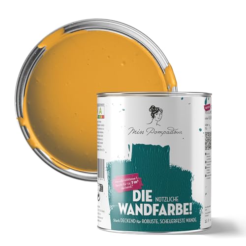 MissPompadour abwaschbare Wandfarbe Gelb mit Safran 1L - hohe Deckkraft & Ergiebigkeit - matte, scheuerbeständige Innenfarbe - geruchsarm, wasserbasiert, atmungsaktiv - Die Nützliche