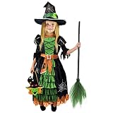Halloween Witch Costumes Girls Deluxe Kids Halloween Dress Witch Hat Broomstick Halloween Candy Bag