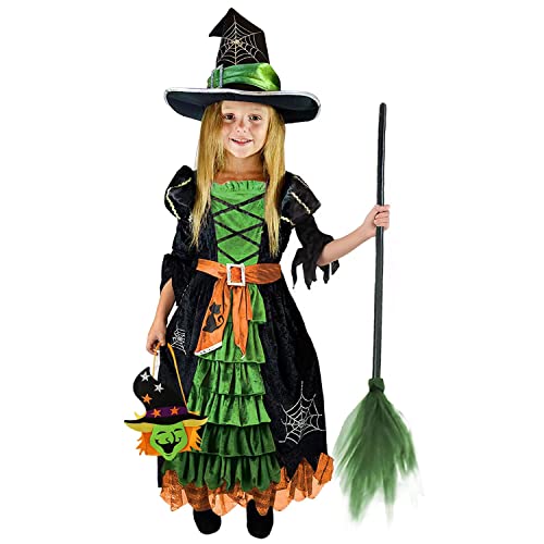 Halloween Witch Costumes Girls Deluxe Kids Halloween Dress Witch Hat Broomstick Halloween Candy Bag Outfit For Party (L, Green) #TOP5