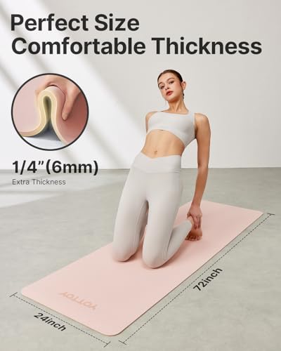 Yoga Mat,Non-Slip TPE Exercise Mat(1/4 Inch) for Pilates, Fitness & Barefoot Workouts, Home Gym Studio with Strap & Bag (Pink, 24 * 0.24 Inches) - Thumbnail 2