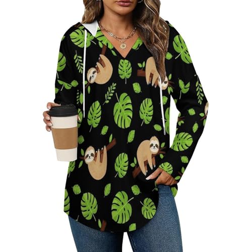 Womens Bodysuit Tree Branches Leaves Cute Sloth T Shirts Long Sleeve Hoodie V Neck Pullover Tops, 2026