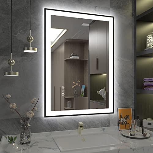 SMIROR 22 x 30 LED Lighted Bathroom Mirror for Wall, Matte Black Framed Vanity Mirrors, Front and...