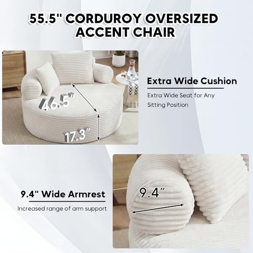 Image of Oversized Round Chair Lounge Chaise Indoor, 55.5 inch Upholstered Corduroy Deep Seat Single Cloud Sofa Chair, Fluffy Modern Large Circle Boneless Sleeper Sofa for Living Room, Bedroom, Beige White