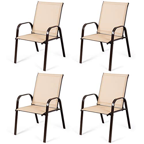 Image of Giantex 4 Piece Patio Chairs, Outdoor Camping Chairs with Breathable Fabric, Set of 4 Garden Chairs with Armrest High Backrest for Garden Patio Pool Beach Yard Space Saving, Coffee