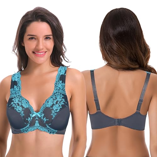 Image of Curve Muse Women's Minimizer Unlined Underwire Bra with Lace Embroidery-2 Pack