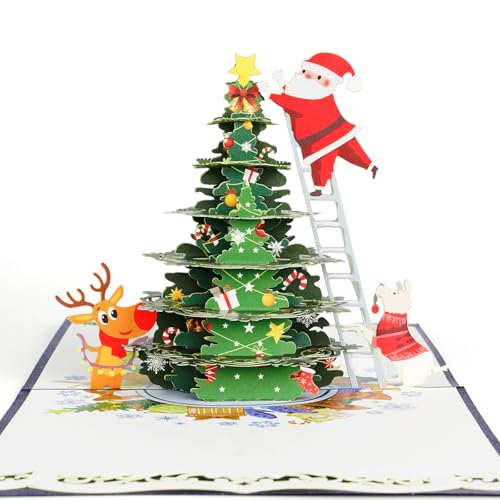Santa Claus Decorating Christmas Tree 3D Pop Up Christmas Cards with Envelope,3D Xmas Cards Holiday Surprise Greeting Card Gift for Kids Friends Parents and Family