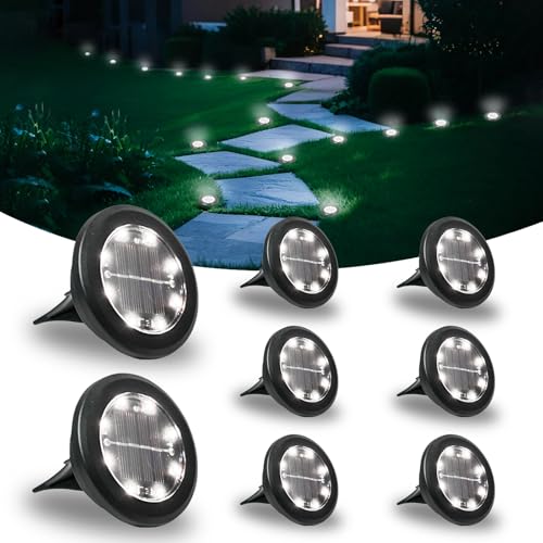 Hqynss 8 Paquetes Luces Solares LED Exterior Jardin Suelo, 8 LED Luz Solar Exterior Jardin, luz solar IP65, IP65 Impermeable Lamparas Solares Suelo Camino, Patio, Césped, Terraza (Blanco Frío)