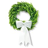Halloscume 20" Faux Round Boxwood Wreath with White Stuffed Bow Artificial Boxwood Wreath Spring Summer Greenery Hanging for Front Door Wall Hanging Window Wedding Decor