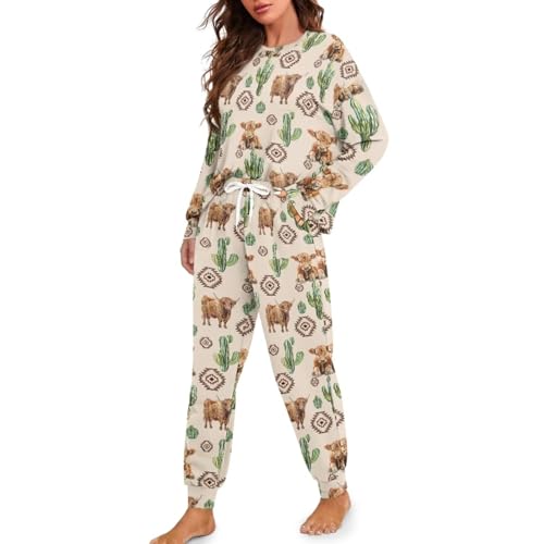 Image of Women's 2 Piece Printed Pajama Set Long Sleeve Sleepwear Set with Long Pants Casual Lounge Sets with Pocket