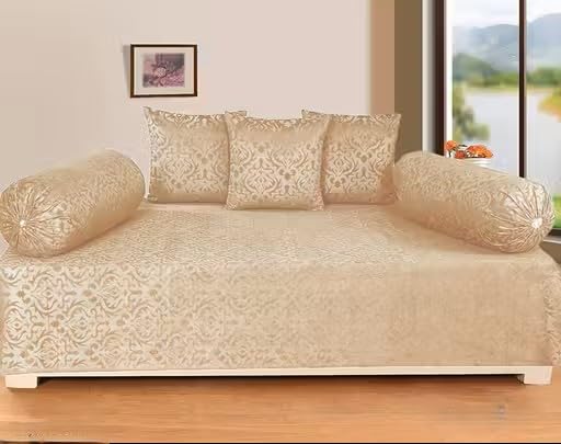 Velvet Diwan Set with Damask Pattern, Bolster Covers and Cushion Covers Included (Beige)-image-4