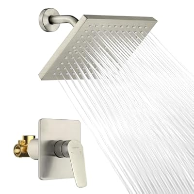 Lavatrum Brush Nickel Premium Shower Head With Valve Set Single Spray Wall Mount 8 Inch Rainfall Square Shower Faucet with Rough-in Valve and Trim Kit for Bathroom