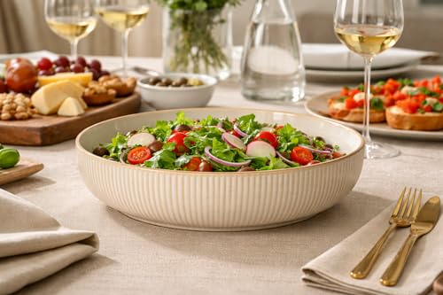 DEKUDÙ Salatschüssel Keramik Servierschüssel Servierplatte Steingut Teller - Handgefertigt - Hochwertiges Steinzeug- 1 Stück - Ø 25 cm - Spülmaschinen Mikrowellen ofenfest Kratzfest -Modern - Beige