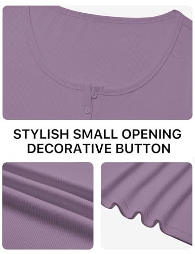 Womens Henley Tops Short Sleeve Shirts Ribbed Button Fitted Scoop Neck T Shirts 2026 Summer Basic Dressy Casual Blouse (Purple, Small) — view 6