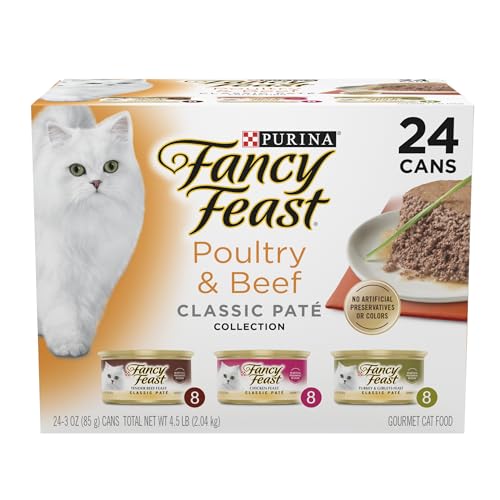 Fancy Feast Poultry and Beef Feast Classic Pate Collection Grain Free Wet Cat Food Variety Pack – (Pack of 24) 3 oz. Cans