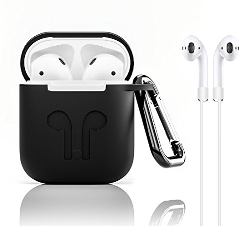 GiBot silicona Airpods funda soporte Protector Protección de cuerpo bolsa de funda de transporte con Airpods correa y ganchos de oreja para Apple Airpods, Negro