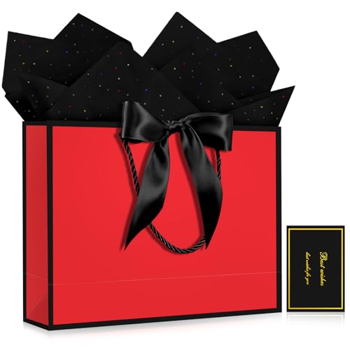 Image of JMANNI Gift Bags with Handles, 13 inch Medium Gift Bag for Presents, 1 Pcs Bags with 2 Tissue Paper and 1 Cards for Baby Shower Wedding Bridal Shower Mother's Day Birthday Party (black-red