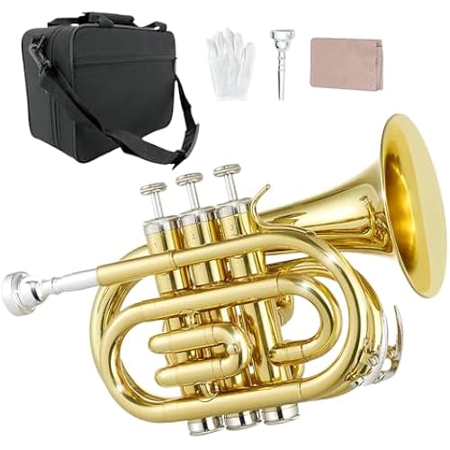 Pocket Trumpet Brass Bb Flat Trumpet Portable with 7C Mouthpiece,Hard Case,Cleaning Kit,Strap,Gloves for Beginners,Christmas Birthday Gift.