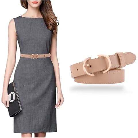 Women's Belt Soft Premium Genuine Leather Belts Waist Belt Solid Color Gold Buckle Waistband For Pants, Jeans & Dress, Nude, For Waist 30"- 36", Women Size M-L, 6-8 Cover