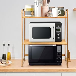 LANTUS Scaffale per microonde, 3 ripiani in bambù, con 4 ganci e supporto per tagliere, supporto multifunzione in legno, per cucina, 52 x 37 x 65 cm, 3 strati