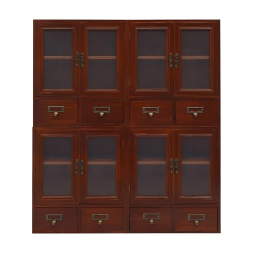 Liffshsy Apothecary Drawers Set of 4 Mini Cupboards, Wood Cabinets with Doors and Shelves Vintage Desk Organizer Library Card Catalog Cabinet for Pantry (4-piece Set Double-Door)