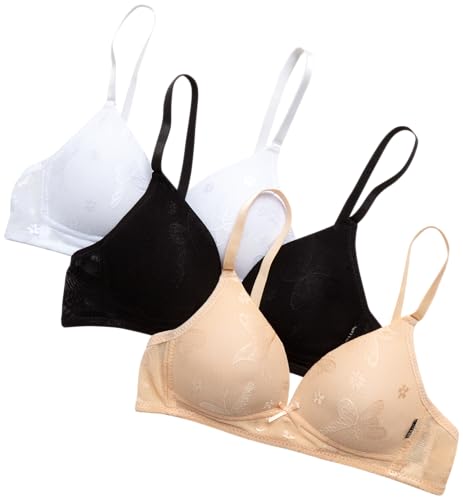 dELiA*s Girls Training Bra - 3 Pack Seamless Bra Adjustable Spaghetti Straps Wireless Padded Training Girls Bras (32A-36A), Size (34) 34A, Black/White/Nude