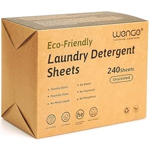 Wenge laundry sheets detergent eco friendly – 240 Sheets – Clear Plastic-Free Naturally Hypoallergenic Liquid Less Washing Sheets for Home Dorm Travel Camping (Unscented)