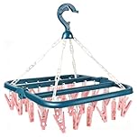 lohey Foldable Clothes Drying Rack with 32 Clips, Space-Saving Sock Hangers for Drying, Multi-Functional Clothes Pegs for Washing Line for Hats, Shoe Insoles, Underwear, Baby Clothes (Pink&Blue)