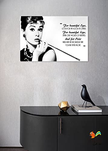Timuba Hepburn Canvas Wall Art, Hepburn For Beautiful Eyes Quote Poster Framed Wall Decor, Hepburn Black And White Picture Canvas Print For Women Girl Bedroom Bathroom Ready To Hang (12X18Inches) #TOP1
