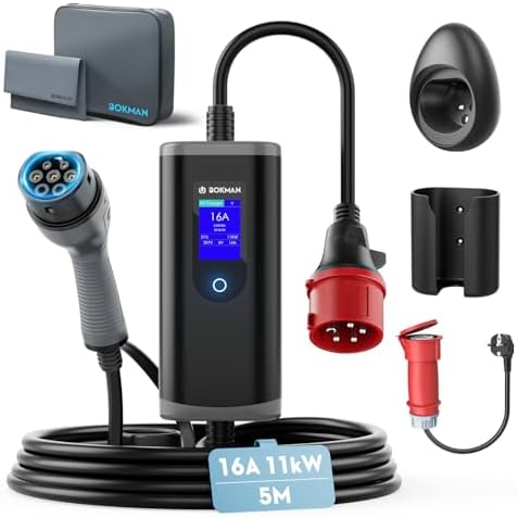 bokman Typ 2 Ladekabel mit CEE Stecker & Adapterkabel 11kW 5 Meter | Mobile Wallbox 16A, 3-Phasig, IP65 Wasserdicht, Tragbares EV-Ladegerät für IEC 62196-2 mit Tragetasche & Mikrof