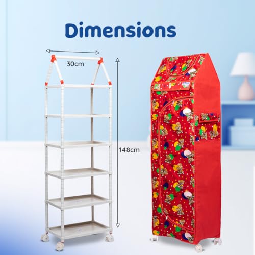 Image of Bumtum Baby Wardrobe Multipurpose 6 Shelve |Foldable Almirah| Baby Wardrobe for Clothes Storage | Baby Wardrobe Cover | Baby Almirah with Wheels (Red)