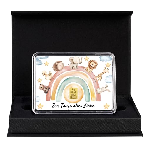 Goldstücke24 Gold Taufgeschenk in Geschenkbox Goldbarren oder Krügerrand Goldmünze Motivbox Zur Taufe alles Liebe mit Grußkarte fertiges Geschenkset (1g Goldbarren)