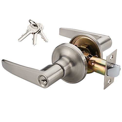 1 Pack of MANREN Lever Keyed Entry Door Lever Handle Lock, Universal Door Knob Hardware,Nickel Brushed Color (MR802-CA) by MANREN - Used condition - CA$23.32
