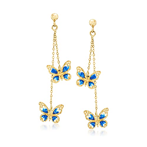 Ross-Simons Italian Blue and White Enamel Butterfly Drop Earrings in 14kt Yellow Gold