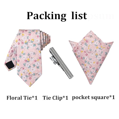 Image of YourTies Cotton Floral Tie for Men 2.5 inch Printed Skinny Necktie Pocket Square Tie Clip Set Flower Wedding Party Groom