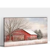 ANRUOXI Winter Farmhouse Canvas Wall Art, Red Farmhouse Barn Canvas Print, Rustic Country View Wa...
