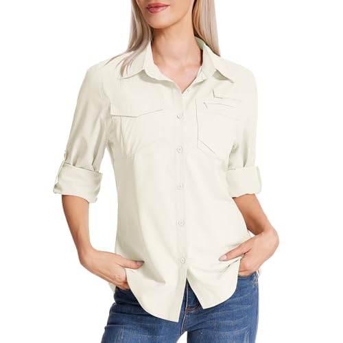 Faysfad Women's Safari Shirt UPF 50 UV Sun Protection Quick Dry Shirts Long Sleeve Hiking Walking Fishing Outdoor Travel(5081,Apricot,S)