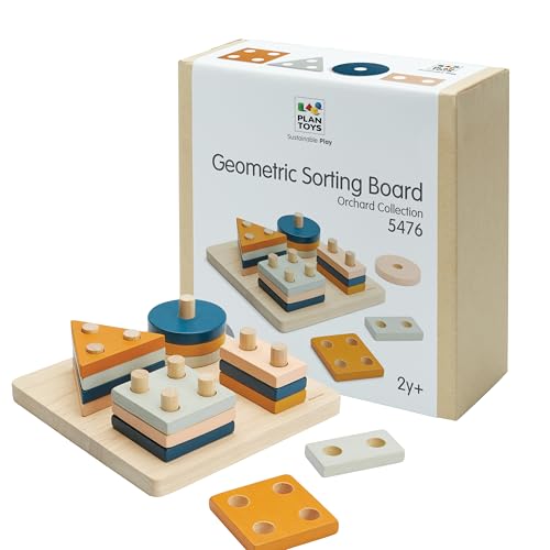 Image of PlanToys Geometric Sorting Board Orchard Shade, Montessori Kids Shape Toy | geometric sorting board orchard shade, montessori shape size colour learning, fine motor problem solving activity, kids toy