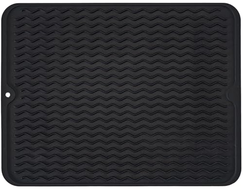 Image of VHKD Silicon Dish Drying mat Non-Slip Coffee Machine Easy Clean Sink Large Heat-Resistant Dish Drainer Kitchen Counter Sink Refrigerator Drawer Liner Utensils Drying mat (Black 40x45cm)
