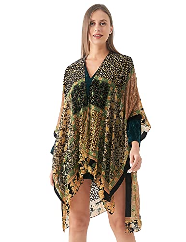 WeHello Women\'s Burnout Velvet Kimono Long Cardigan Cover Up Without Tassel (Tan Patch)