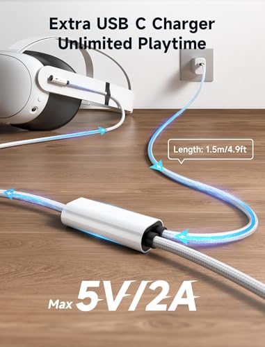 JSAUX Link Cable 16FT with Charging for Meta Quest 3S/Quest3/2/Pro Accessories【Charging While Playing】 USB 3.0 High Speed Data Compatible with Oculus 3S/3/2/Pro, Pico 4, PC VR, Steam VR