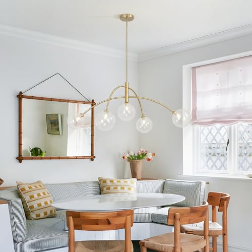Image of 5 Light Modern Brass Chandelier Fixture White Clear Globe Glass Shade Pendant Light Gold Kitchen Ceiling Large Chandelier for Dining Room Kitchen Bedroom