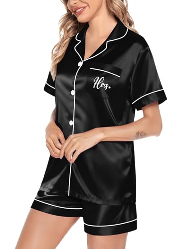 Image of SWOMOG Satin Matching Pajamas Sets Couple Silk Button Down Nightwear Women & Men Short Sleeve Sleepwear 2 Pieces Loungewear