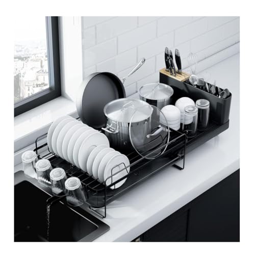 Adjustable Extendable Dish Drying Rack with Cutlery Holder & Cup Stand - Non-Slip Silicone Feet, 360° Rotatable Water Outlet, Carbon Steel Kitchen Drainer Board
