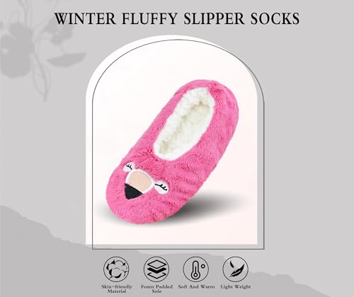 Image of Keyela Women Fuzzy Animal Slipper Socks, Non Slip Indoor House Slippers | Soft fuzzy plush material, cute animal design with gripper sole for bedroom, lounge indoor daily wear