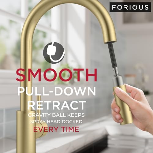 Image of FORIOUS Gold Kitchen Faucet with Pull Down Sprayer, Modern Single Hole Kitchen Sink Faucet with Soap Dispenser, Deck Plate, Single Handle, High Arc Stainless Steel for RV Bar Farmhouse Laundry